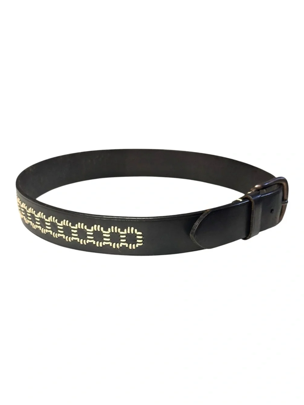 GAP 90’s Vintage Black Leather White Buck Stitch Embroidered Western Belt Sz 30